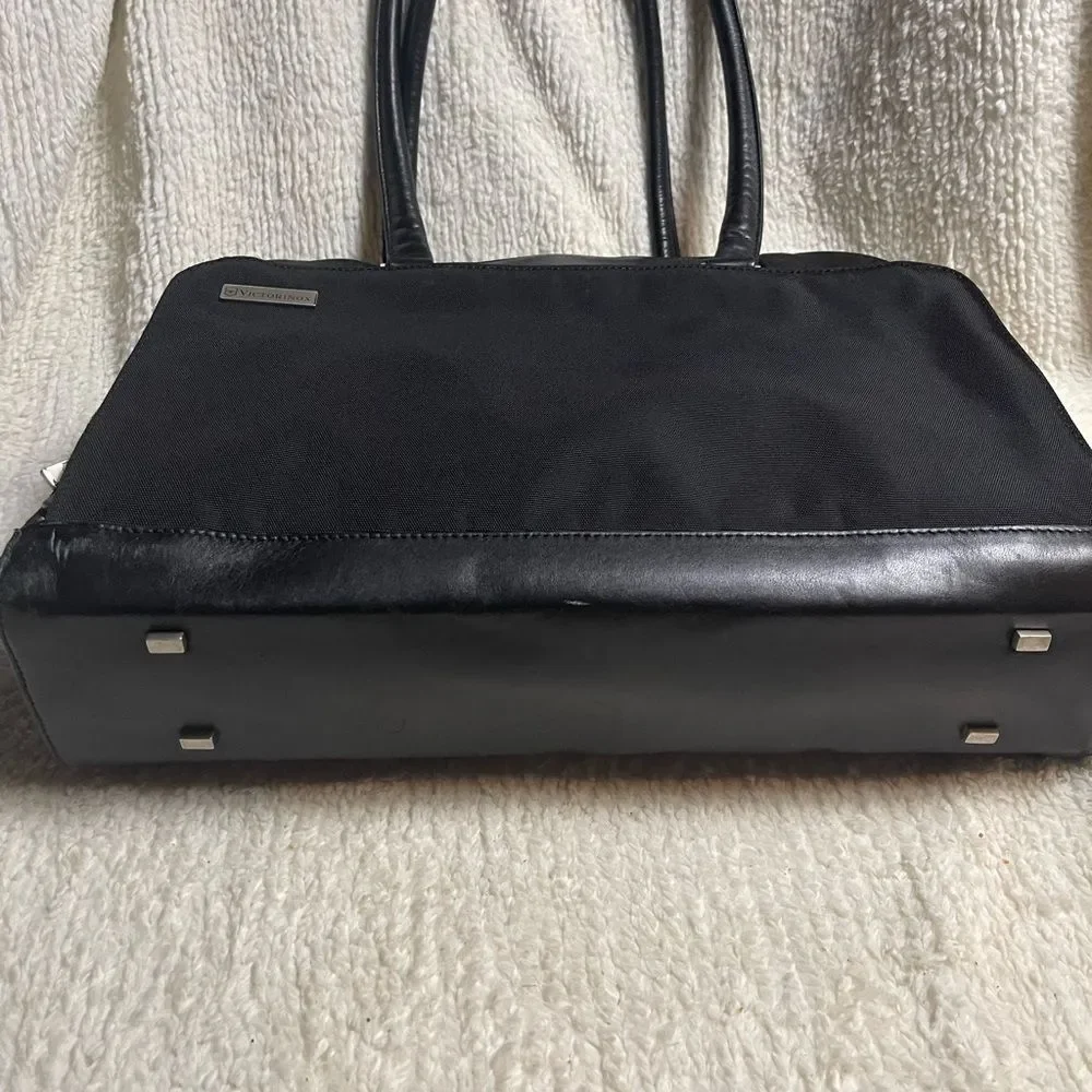 Victorinox Swiss Black Canvas &leather laptop Bag Briefcase silver tone hardware
